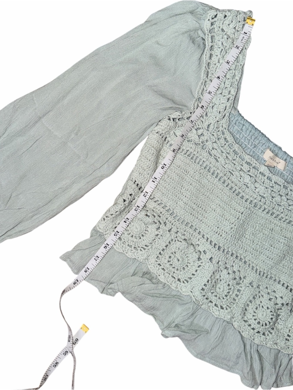 SIM & SAM Crochet Peasant Blouse in Light Blue Sage Color - Picture 6 of 8